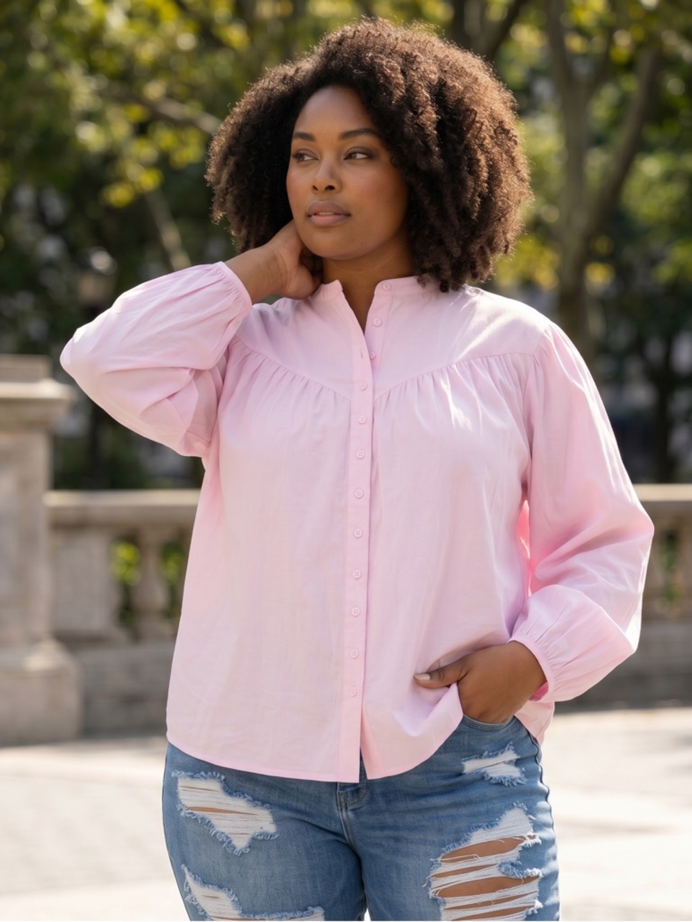 Plus-Size Light Pink Button-Up Blouse with Gathered Yoke